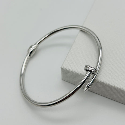 925 Sterling Silver Diamond Nail Design Bangle