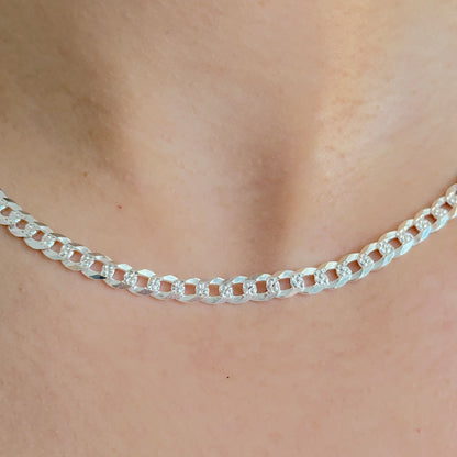 925 Sterling Silver Women 5mm Pave Curb Chain