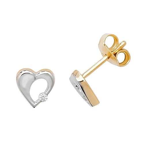 9ct Yellow/White Gold CZ Heart Stud Earrings - jewellerysavers